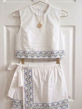 White Embroidered Two-Piece Skirt Set with Blue Floral Trim